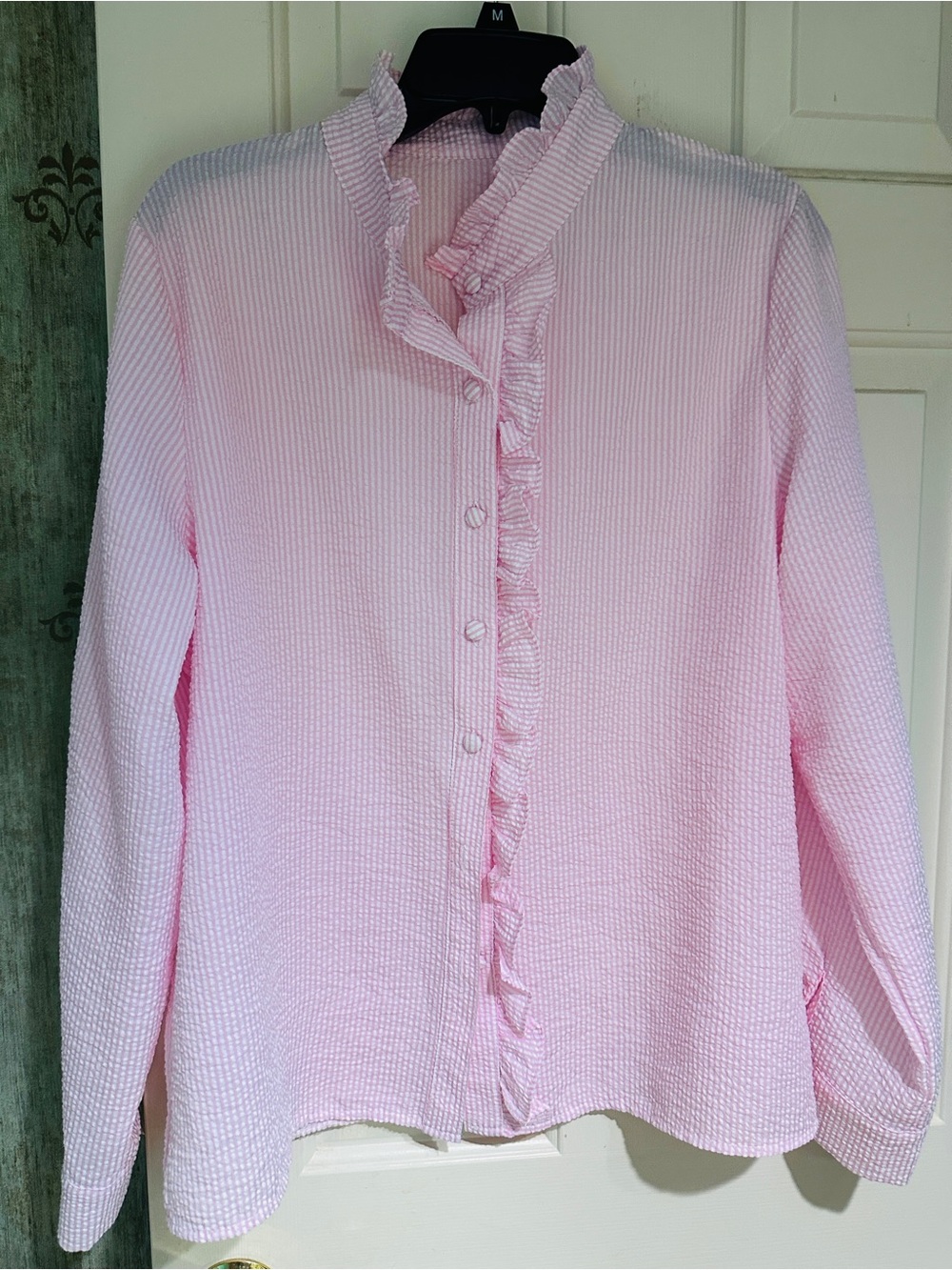 Women's Pink Ruffle-Trim Button Front Blouse